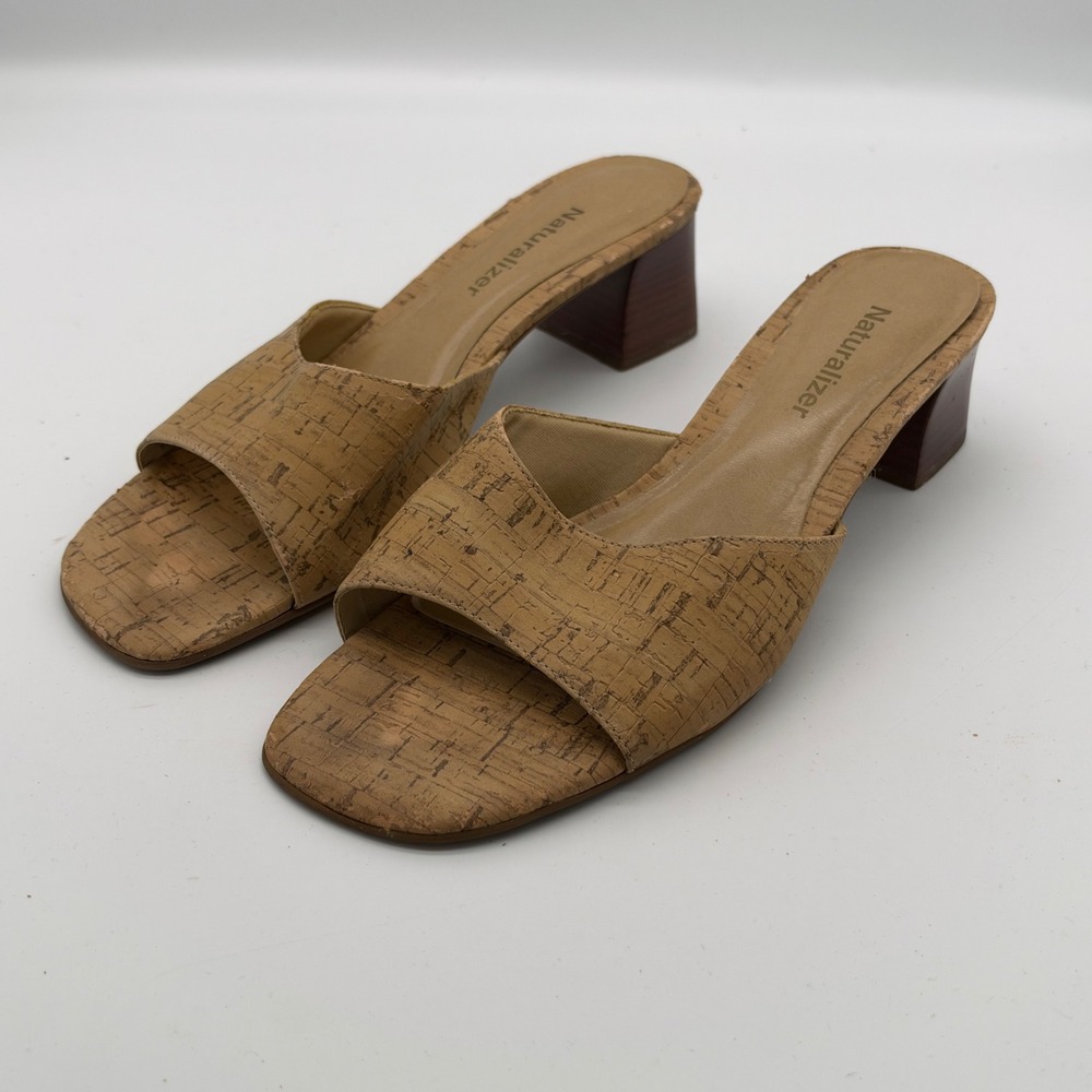 Naturalizer Womens Cork Low Block Heel Slide Sandals Tan 9M Y2K Boho